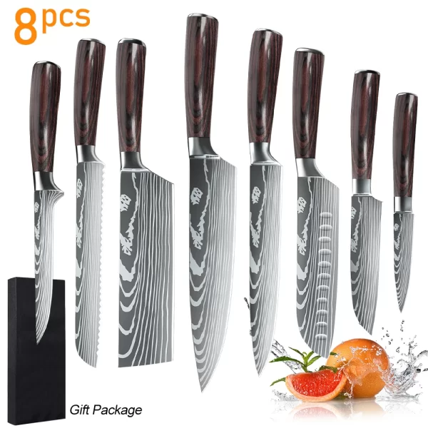 8/10pcs Japanese High Carbon Stainless Steel Chef Knife Set Laser Damascus Pattern - Image 7