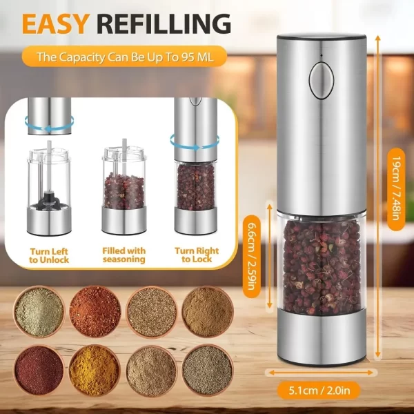 Stainless Steel Electric Salt and Pepper Grinders USB Rechargeable - Image 5