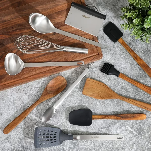 11 Piece Essential Teak Wood, Silicone, and Stainless Steel Tool Set - Image 2