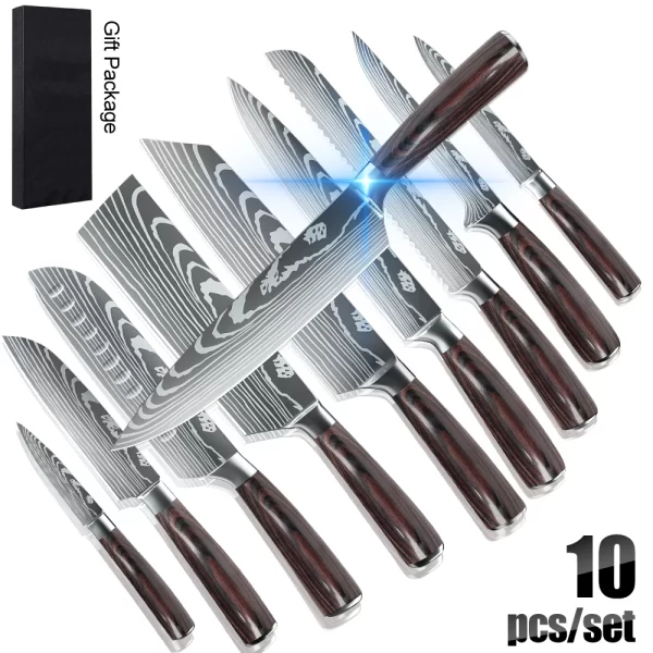 8/10pcs Japanese High Carbon Stainless Steel Chef Knife Set Laser Damascus Pattern