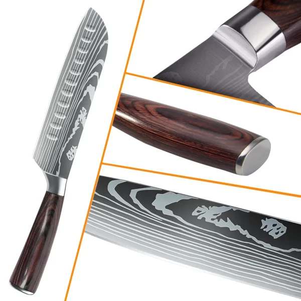 8/10pcs Japanese High Carbon Stainless Steel Chef Knife Set Laser Damascus Pattern - Image 4