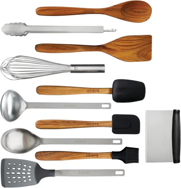 11 Piece Essential Teak Wood, Silicone, and Stainless Steel Tool Set