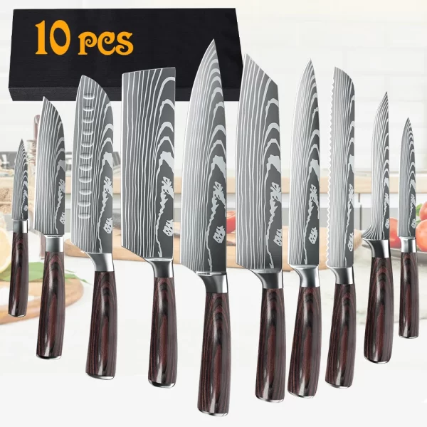 8/10pcs Japanese High Carbon Stainless Steel Chef Knife Set Laser Damascus Pattern - Image 8