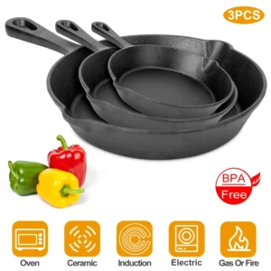 3Pcs Pre-Seasoned Cast Iron Skillet Set 6/8/10in Non-Stick Oven Safe Cookware pan set.