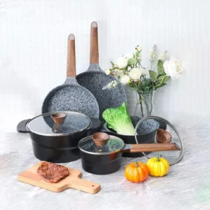 Cast Aluminum Pots and Pans Set Non Stick - 12Pcs Induction Kitchen Cookware Set, Granite Coated
